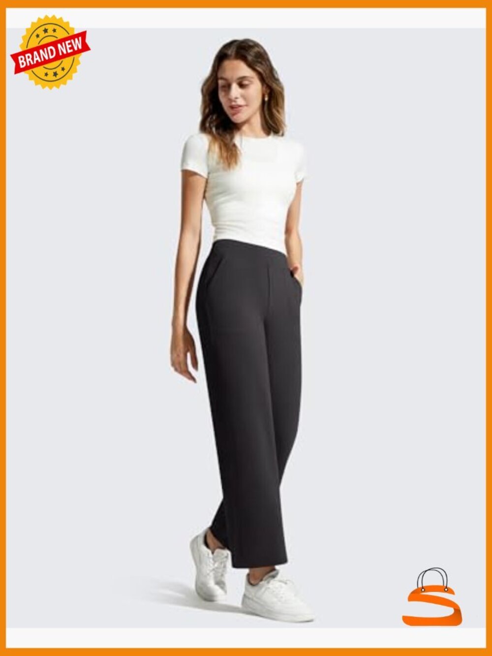 High Waist Yoga Pants with Pockets Wide Leg 7/8 Length Stretch - Picture 5 of 7